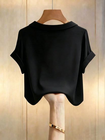 Franclia Elegant Commuter Versatile Lapel Collar Short Sleeve Green Women Shirt