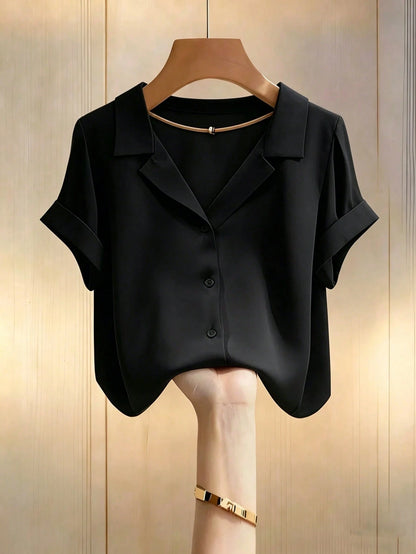 Franclia Elegant Commuter Versatile Lapel Collar Short Sleeve Green Women Shirt