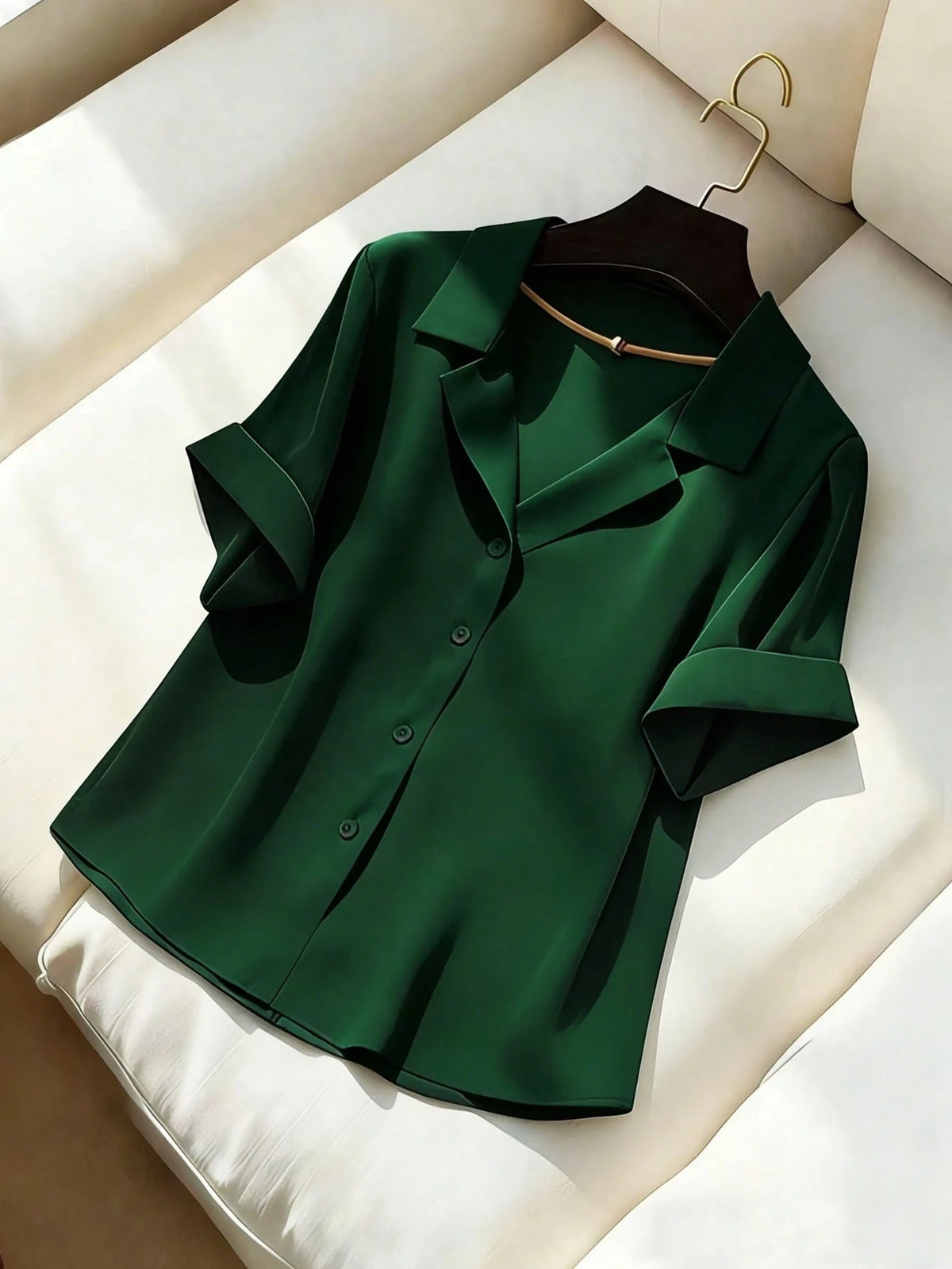 Franclia Elegant Commuter Versatile Lapel Collar Short Sleeve Green Women Shirt