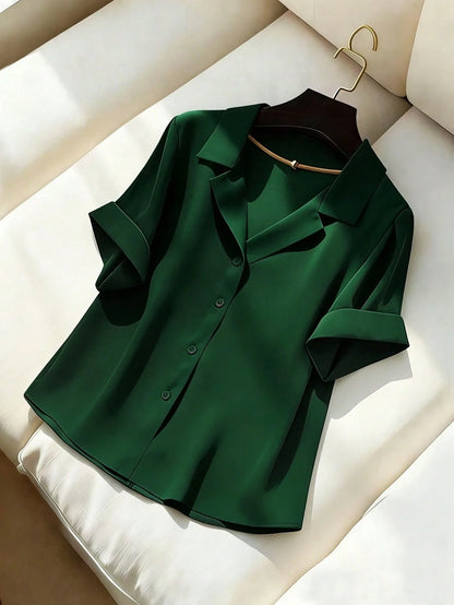 Franclia Elegant Commuter Versatile Lapel Collar Short Sleeve Green Women Shirt