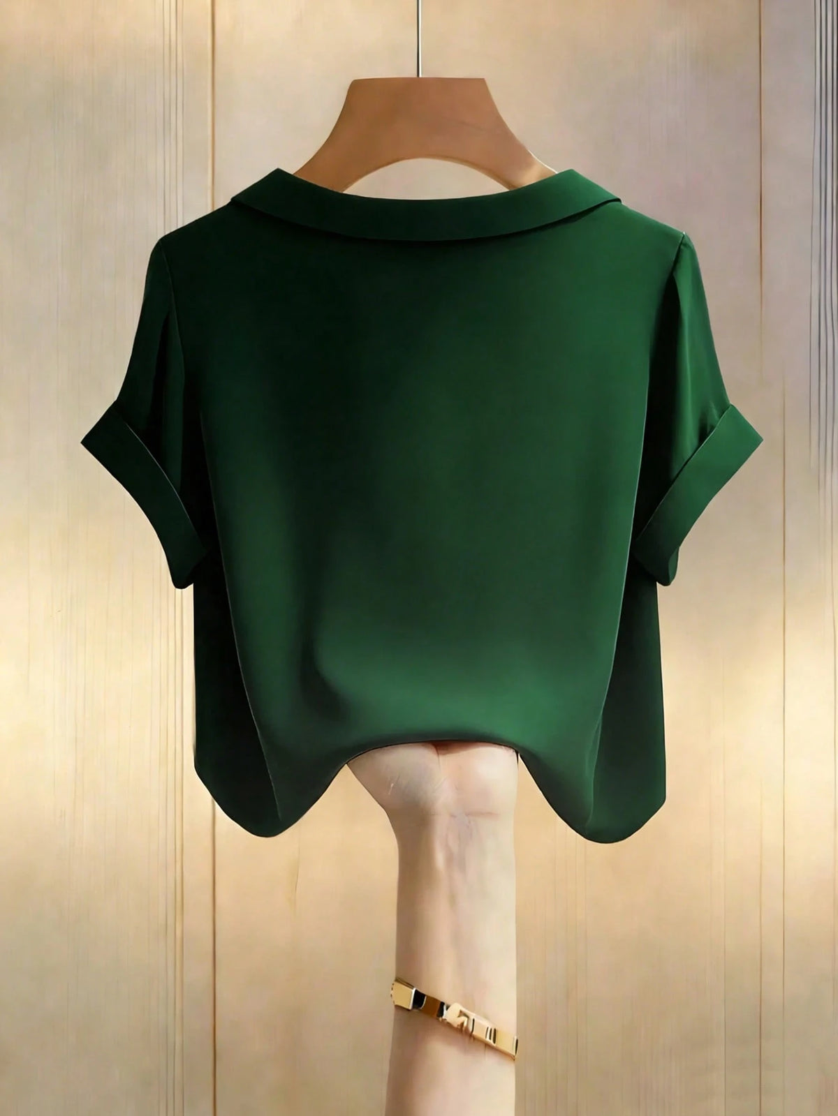 Franclia Elegant Commuter Versatile Lapel Collar Short Sleeve Green Women Shirt