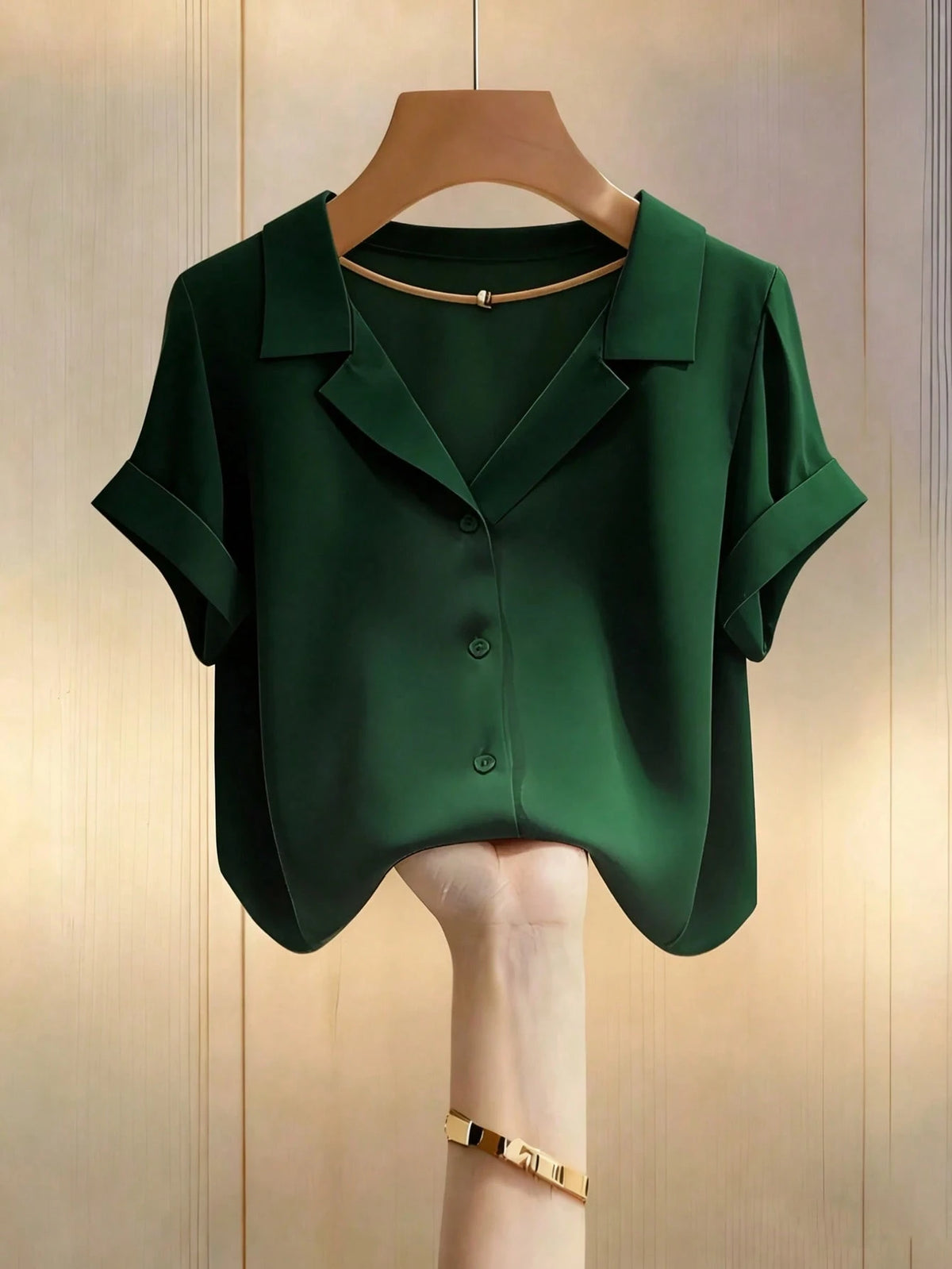 Franclia Elegant Commuter Versatile Lapel Collar Short Sleeve Green Women Shirt