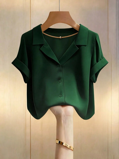 Franclia Elegant Commuter Versatile Lapel Collar Short Sleeve Green Women Shirt