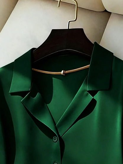 Franclia Elegant Commuter Versatile Lapel Collar Short Sleeve Green Women Shirt