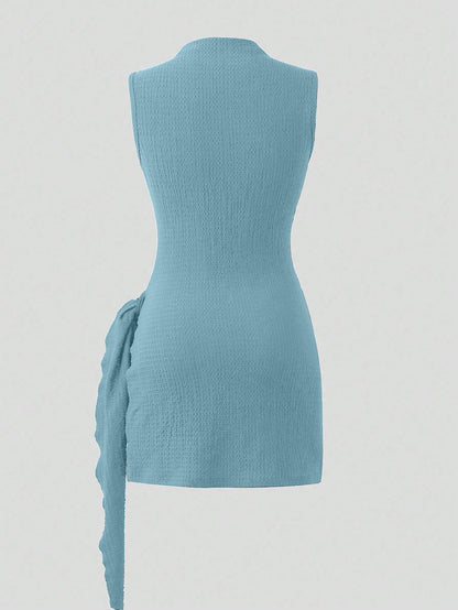 Franclia Fashionable New Spring/Summer Date Night Sexy Elegant Bodycon High Neck Metallic Buckle Ruched Sleeveless Women Dress