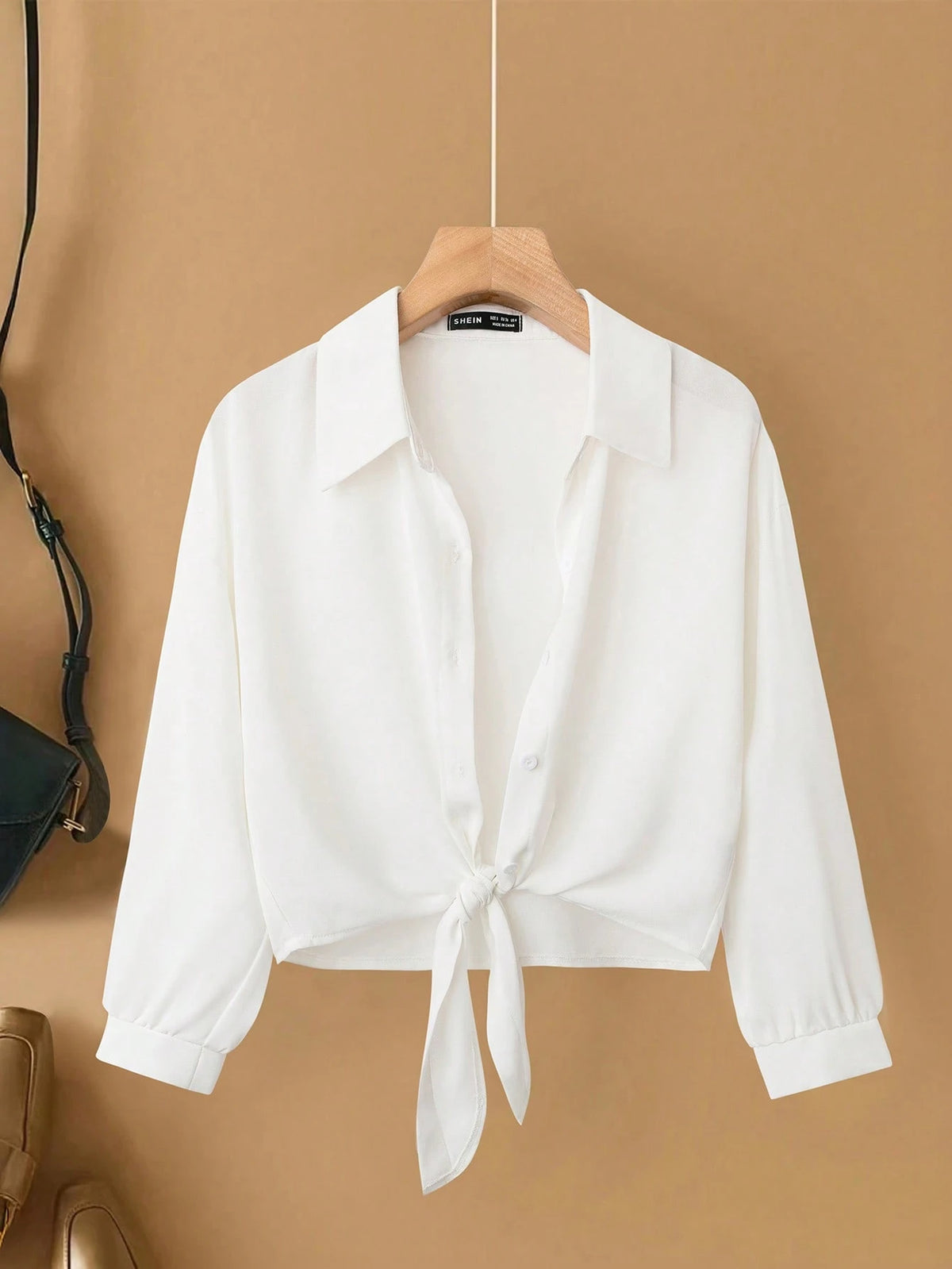 Franclia French Elegant Woven Turndown Collar Long Sleeve Tie-Front, New Summer White Blouse For Women