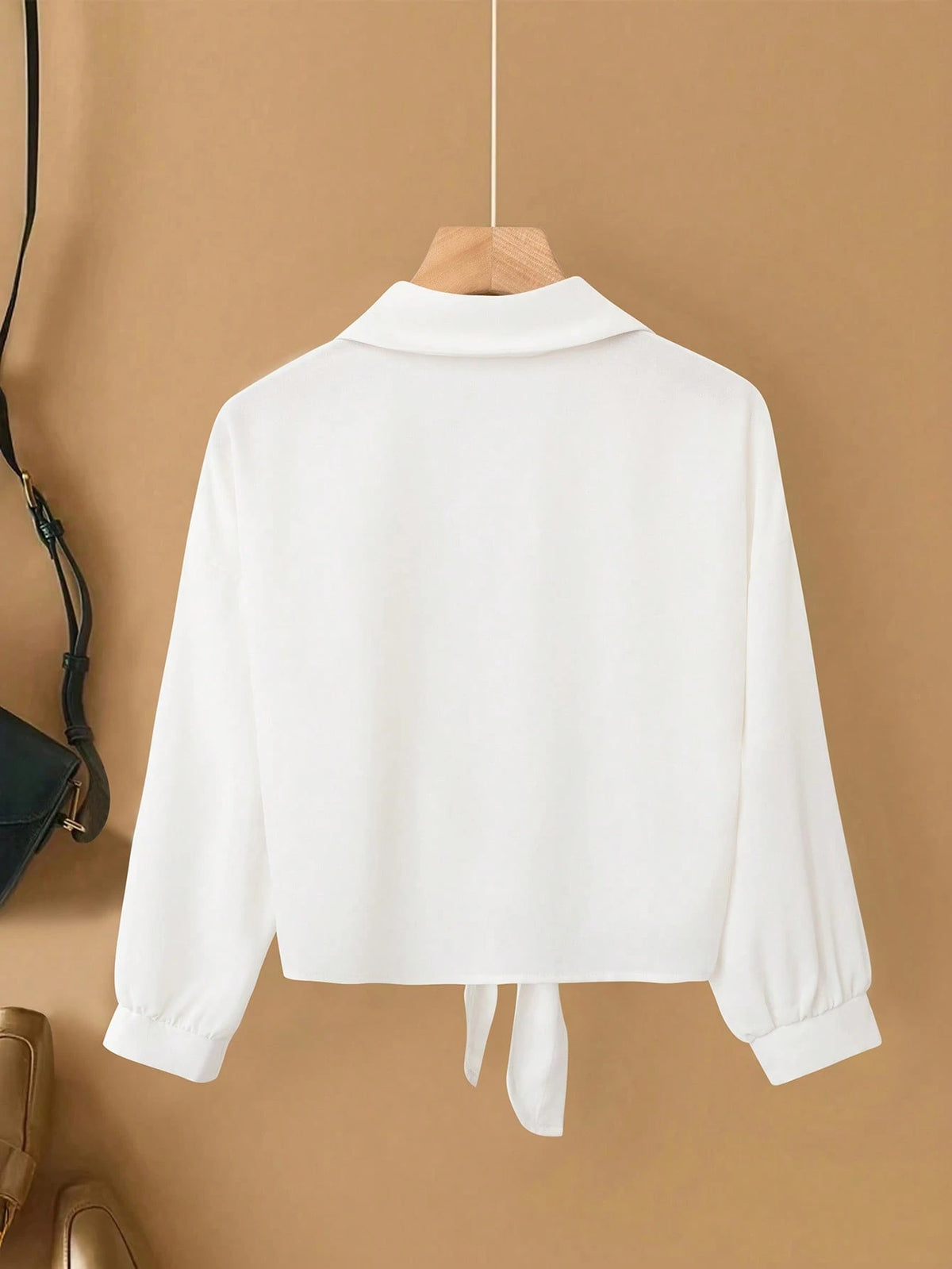 Franclia French Elegant Woven Turndown Collar Long Sleeve Tie-Front, New Summer White Blouse For Women
