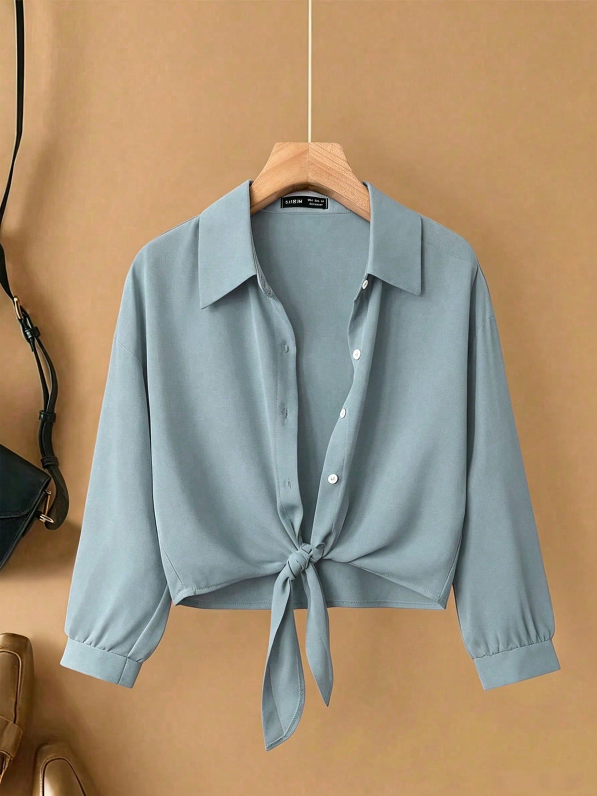 Franclia French Elegant Woven Turndown Collar Long Sleeve Tie-Front, New Summer White Blouse For Women