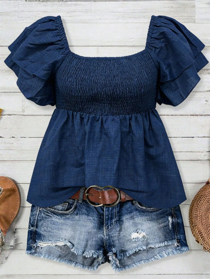 Franclia French Style Navy Blue Square Neck Smocked Blouse, Summer Boho Flare Cap Sleeve Cropped Top, Holiday Vacation Ruffle Puff Sleeve Top