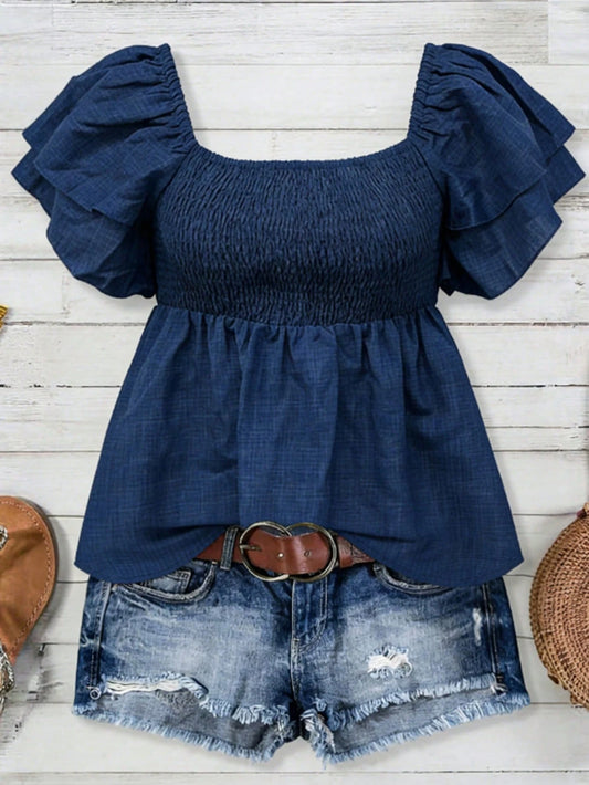 Franclia French Style Navy Blue Square Neck Smocked Blouse, Summer Boho Flare Cap Sleeve Cropped Top, Holiday Vacation Ruffle Puff Sleeve Top
