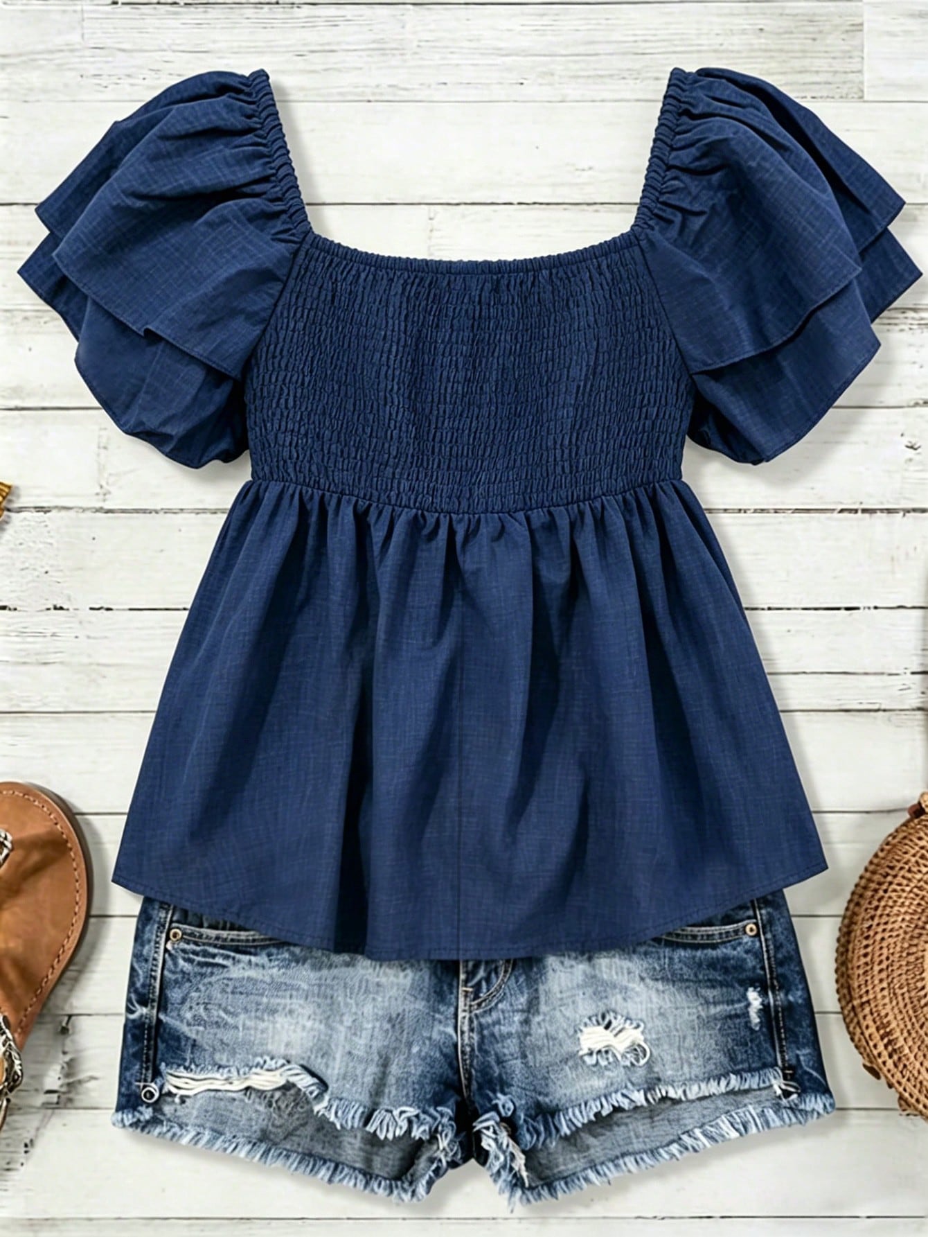 Franclia French Style Navy Blue Square Neck Smocked Blouse, Summer Boho Flare Cap Sleeve Cropped Top, Holiday Vacation Ruffle Puff Sleeve Top