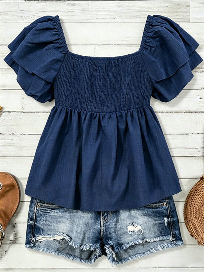 Franclia French Style Navy Blue Square Neck Smocked Blouse, Summer Boho Flare Cap Sleeve Cropped Top, Holiday Vacation Ruffle Puff Sleeve Top
