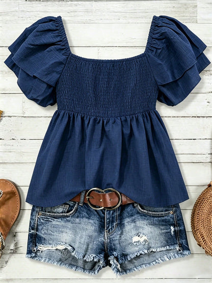 Franclia French Style Navy Blue Square Neck Smocked Blouse, Summer Boho Flare Cap Sleeve Cropped Top, Holiday Vacation Ruffle Puff Sleeve Top