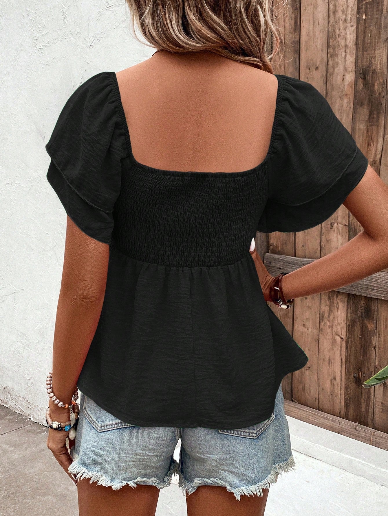 Franclia French Style Navy Blue Square Neck Smocked Blouse, Summer Boho Flare Cap Sleeve Cropped Top, Holiday Vacation Ruffle Puff Sleeve Top