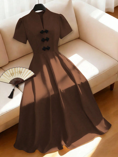 Franclia Modern Elegant Coffee Brown Midi Dress For Women Featuring Notched Neck Puff Short Sleeves And Flared Hem A-Line Skirt
