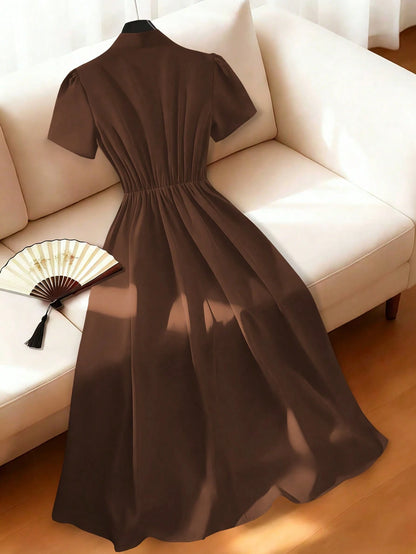 Franclia Modern Elegant Coffee Brown Midi Dress For Women Featuring Notched Neck Puff Short Sleeves And Flared Hem A-Line Skirt