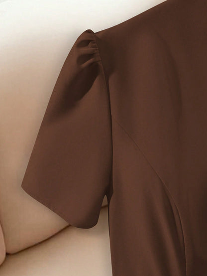 Franclia Modern Elegant Coffee Brown Midi Dress For Women Featuring Notched Neck Puff Short Sleeves And Flared Hem A-Line Skirt
