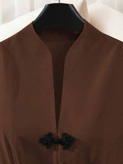 Franclia Modern Elegant Coffee Brown Midi Dress For Women Featuring Notched Neck Puff Short Sleeves And Flared Hem A-Line Skirt