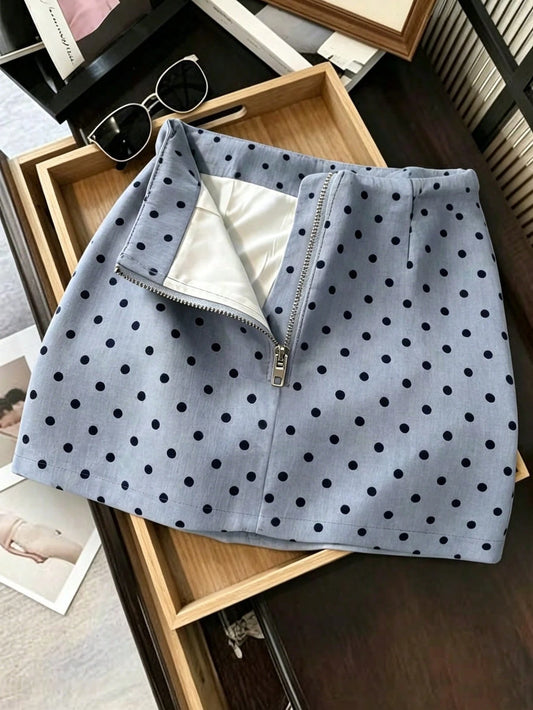 Franclia Polka Dot Blue,Summer,Cute,Date Women's Low-Waisted A-Line Zip-Up Midi Skirt,Korean Style Y2K Fashionable Versatile Casual Business Attire