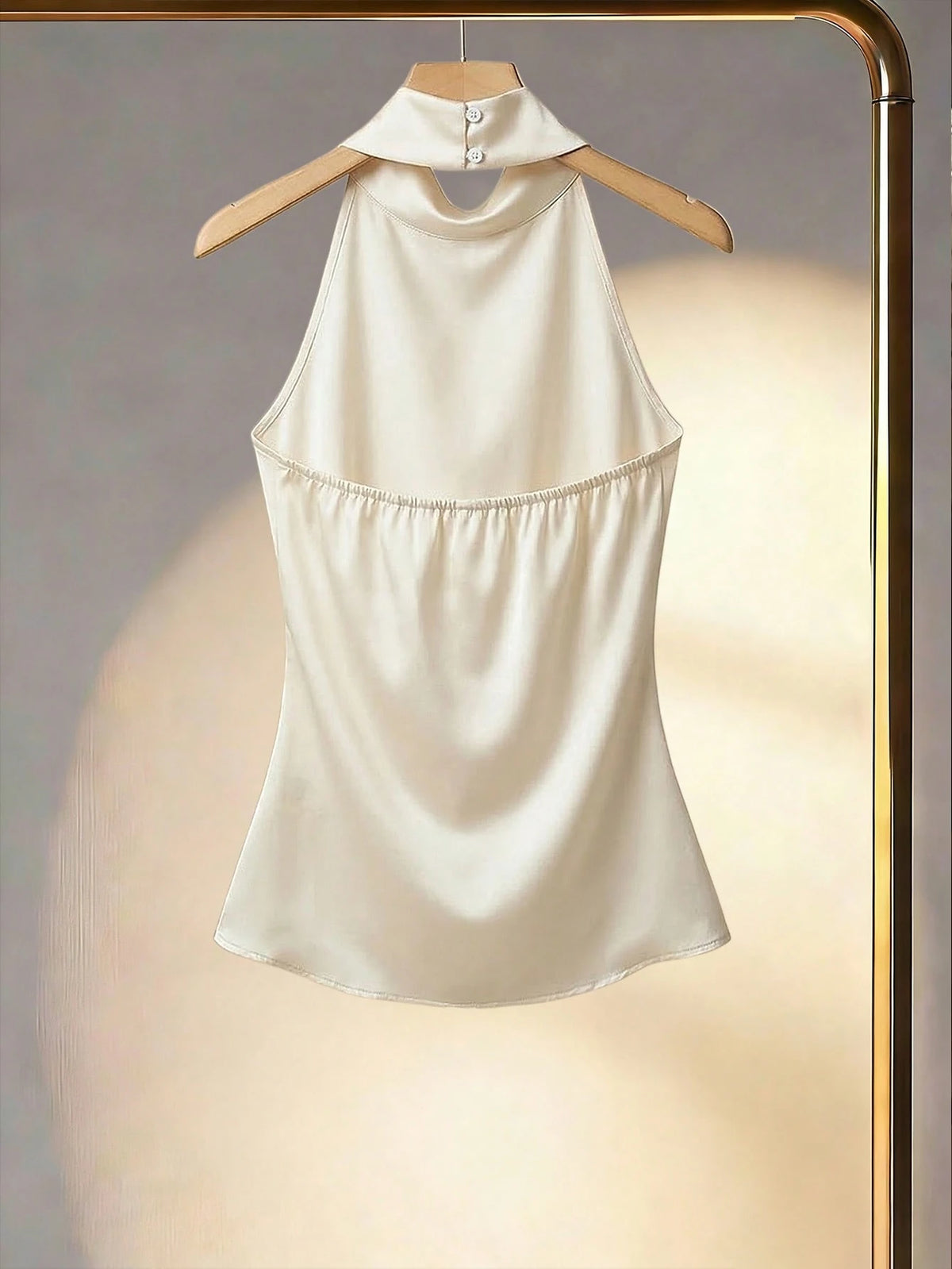 Franclia Stylish Apricot Sleeveless Ruched Blouse For Women Elegant Halter Neck Design
