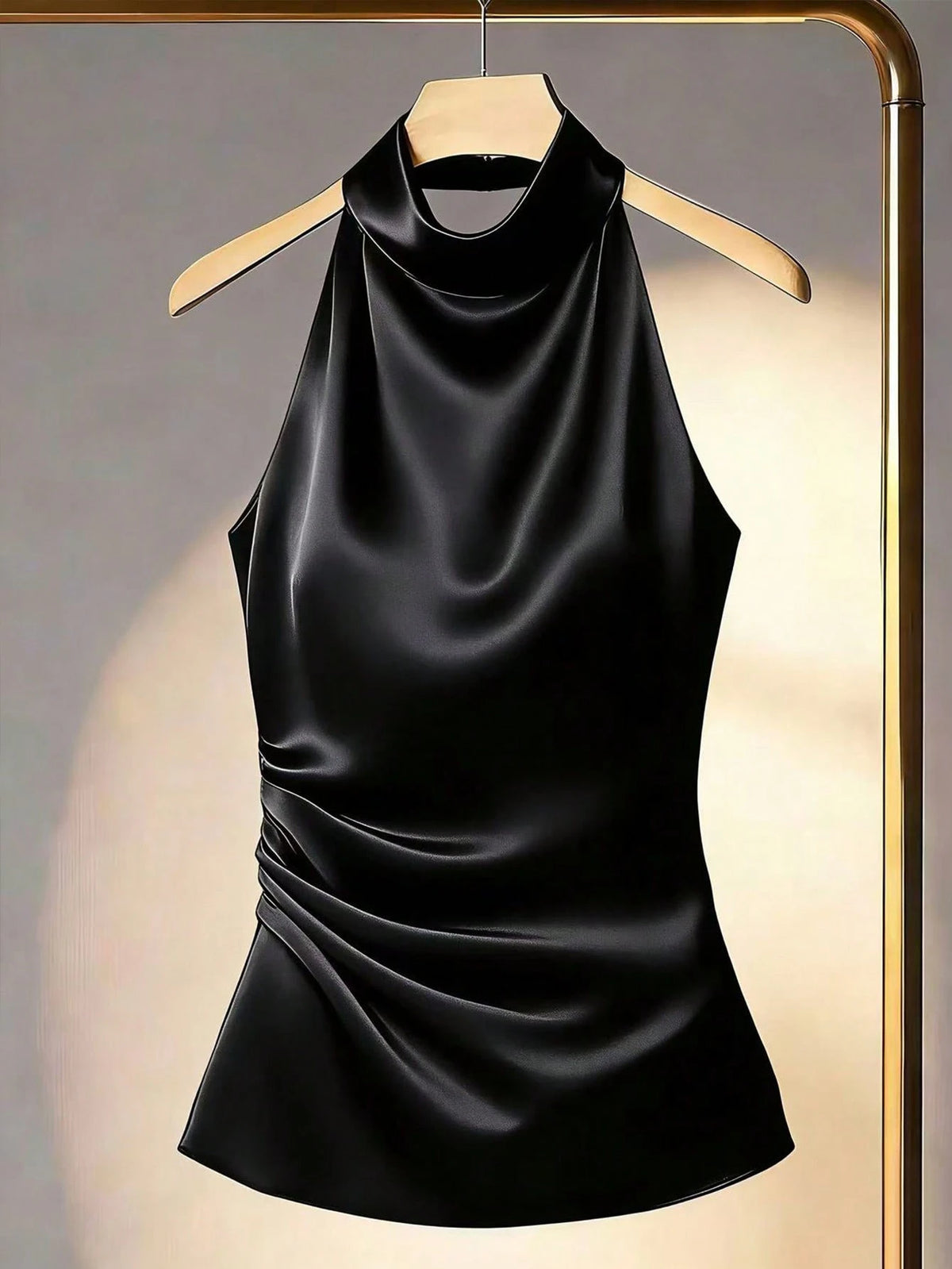 Franclia Stylish Apricot Sleeveless Ruched Blouse For Women Elegant Halter Neck Design