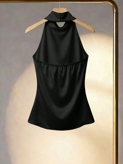 Franclia Stylish Apricot Sleeveless Ruched Blouse For Women Elegant Halter Neck Design