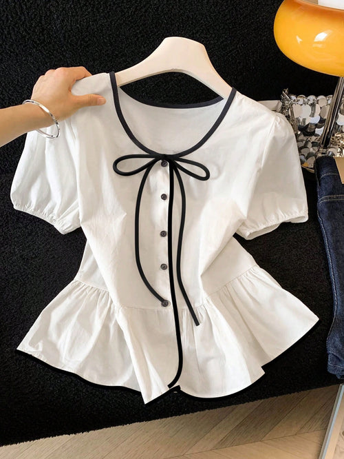 Franclia White And Black Elegant Tea Party Brunch Summer Gentle Cream-White Cinched Waist Blouse,Contrast Trim+Bow Tie,Puff Sleeves,Ruffle Hem Skirt,Soft Top