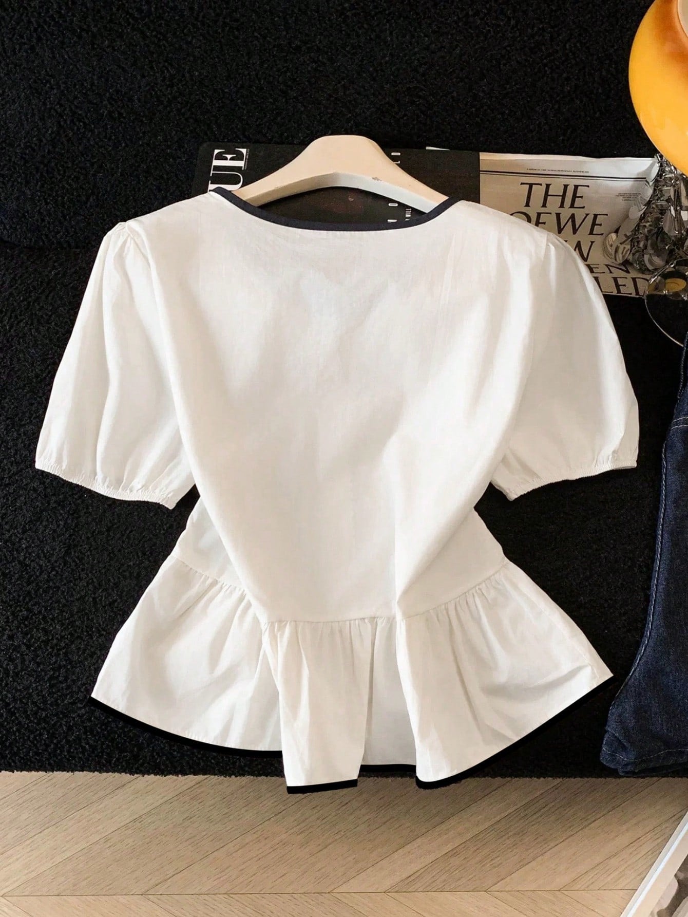 Franclia White And Black Elegant Tea Party Brunch Summer Gentle Cream-White Cinched Waist Blouse,Contrast Trim+Bow Tie,Puff Sleeves,Ruffle Hem Skirt,Soft Top