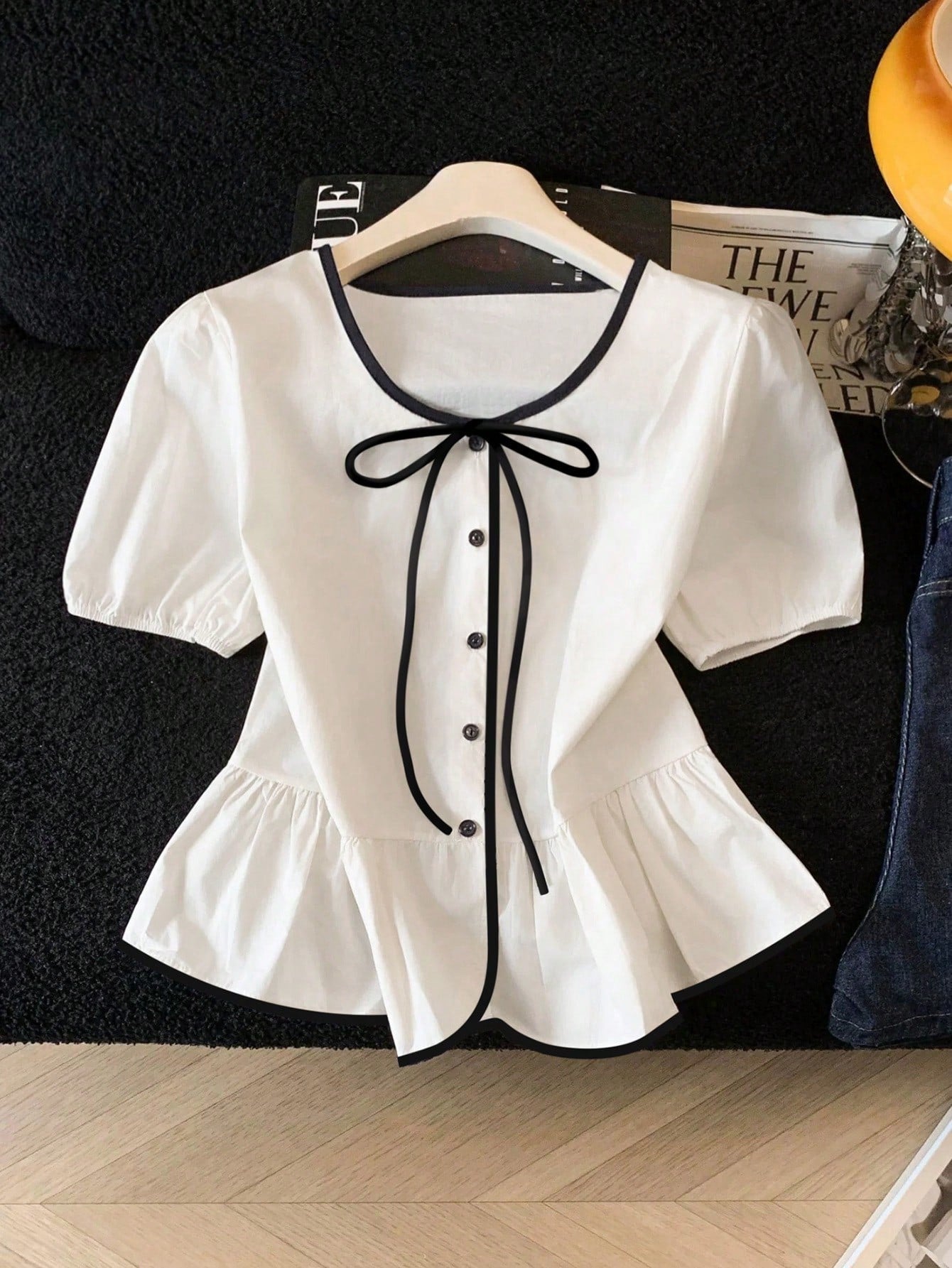 Franclia White And Black Elegant Tea Party Brunch Summer Gentle Cream-White Cinched Waist Blouse,Contrast Trim+Bow Tie,Puff Sleeves,Ruffle Hem Skirt,Soft Top