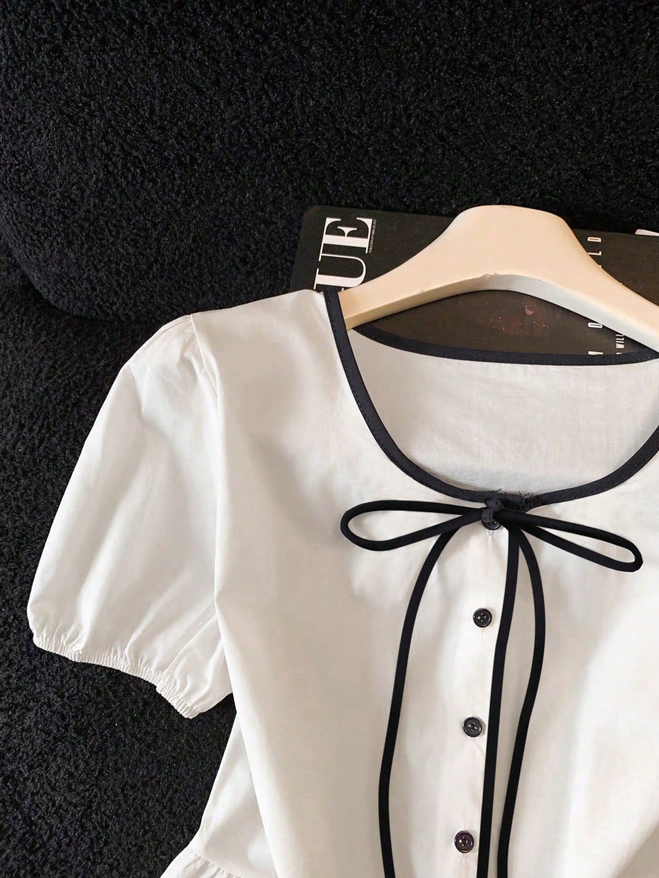 Franclia White And Black Elegant Tea Party Brunch Summer Gentle Cream-White Cinched Waist Blouse,Contrast Trim+Bow Tie,Puff Sleeves,Ruffle Hem Skirt,Soft Top