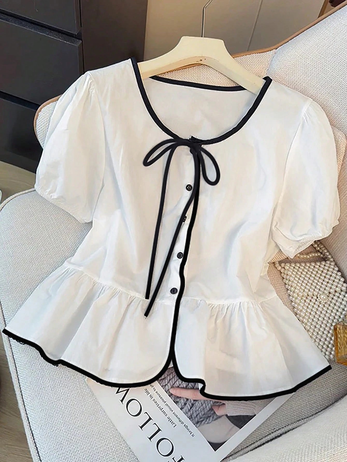 Franclia White And Black Elegant Tea Party Brunch Summer Gentle Cream-White Cinched Waist Blouse,Contrast Trim+Bow Tie,Puff Sleeves,Ruffle Hem Skirt,Soft Top