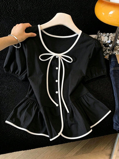 Franclia White And Black Elegant Tea Party Brunch Summer Gentle Cream-White Cinched Waist Blouse,Contrast Trim+Bow Tie,Puff Sleeves,Ruffle Hem Skirt,Soft Top
