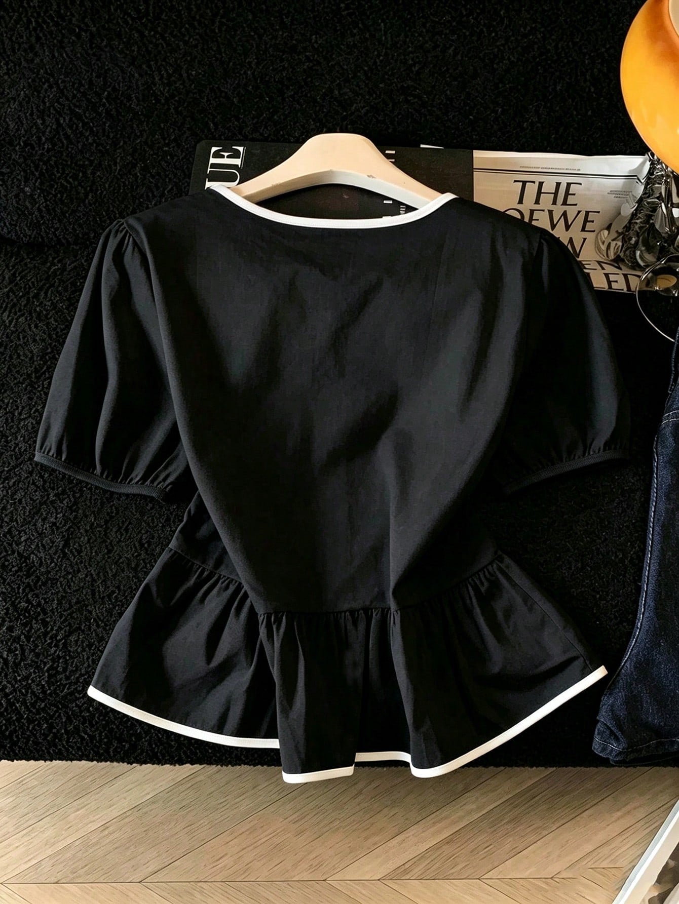 Franclia White And Black Elegant Tea Party Brunch Summer Gentle Cream-White Cinched Waist Blouse,Contrast Trim+Bow Tie,Puff Sleeves,Ruffle Hem Skirt,Soft Top