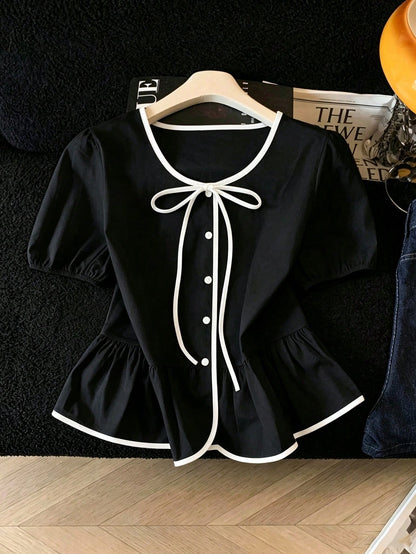Franclia White And Black Elegant Tea Party Brunch Summer Gentle Cream-White Cinched Waist Blouse,Contrast Trim+Bow Tie,Puff Sleeves,Ruffle Hem Skirt,Soft Top