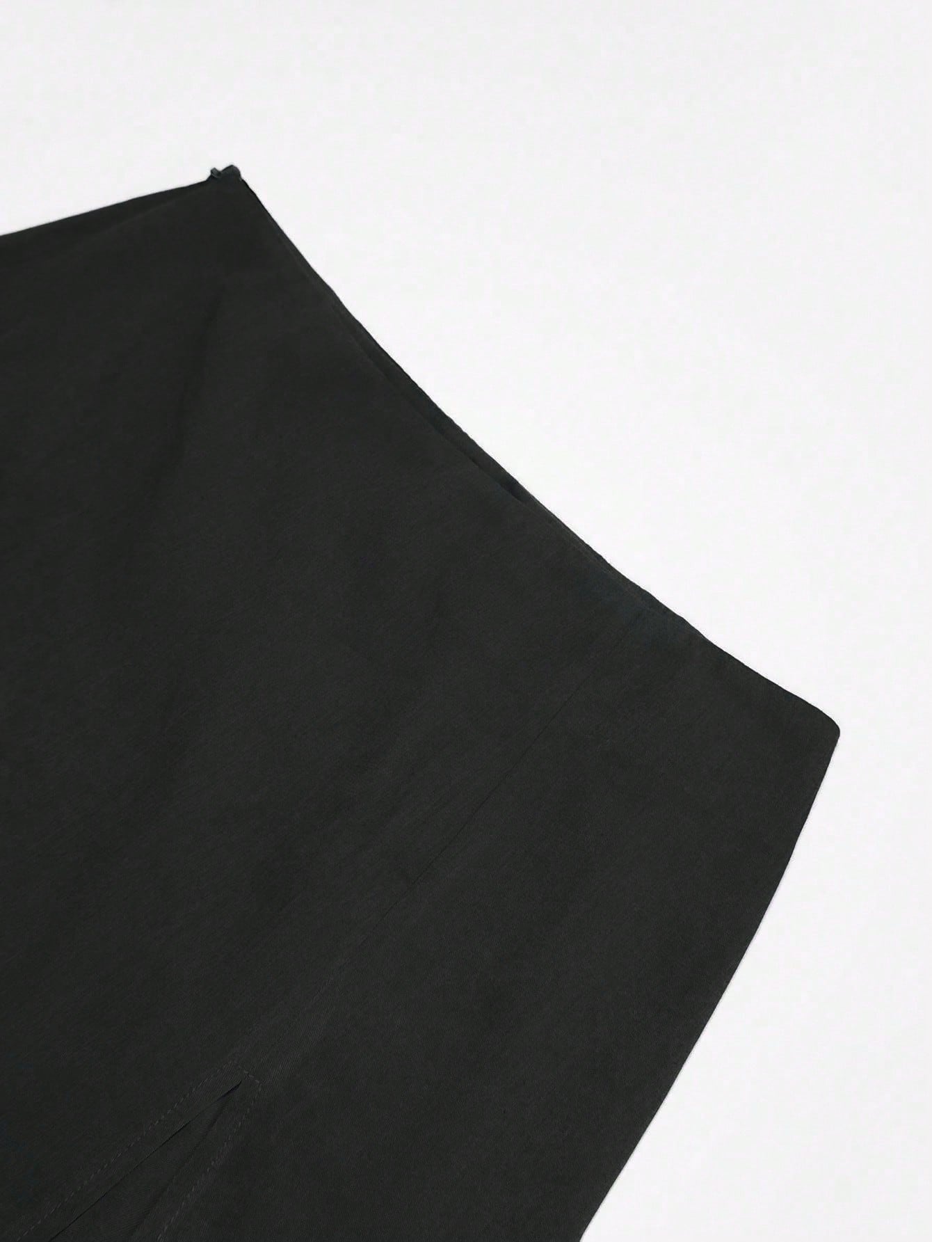 Franclia Women's Black Summer Casual Solid Color Skirt, Side Slit Design For Office,Date,Business,Commute, Vintage,Street Style, & Holiday