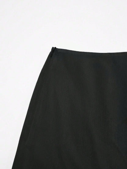 Franclia Women's Black Summer Casual Solid Color Skirt, Side Slit Design For Office,Date,Business,Commute, Vintage,Street Style, & Holiday