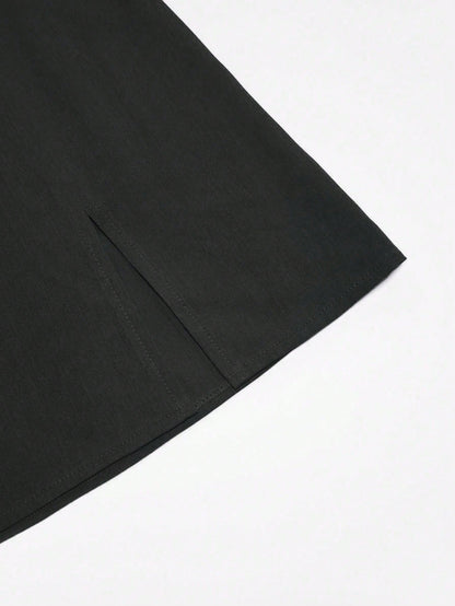 Franclia Women's Black Summer Casual Solid Color Skirt, Side Slit Design For Office,Date,Business,Commute, Vintage,Street Style, & Holiday