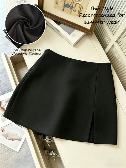 Franclia Women's Black Summer Casual Solid Color Skirt, Side Slit Design For Office,Date,Business,Commute, Vintage,Street Style, & Holiday