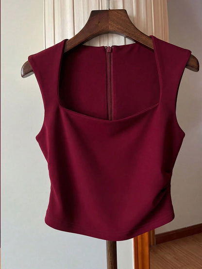 Franclia Women's Casual Burgundy Square Neck Tank Top With Back Zipper Plain Crop Design In Polyester