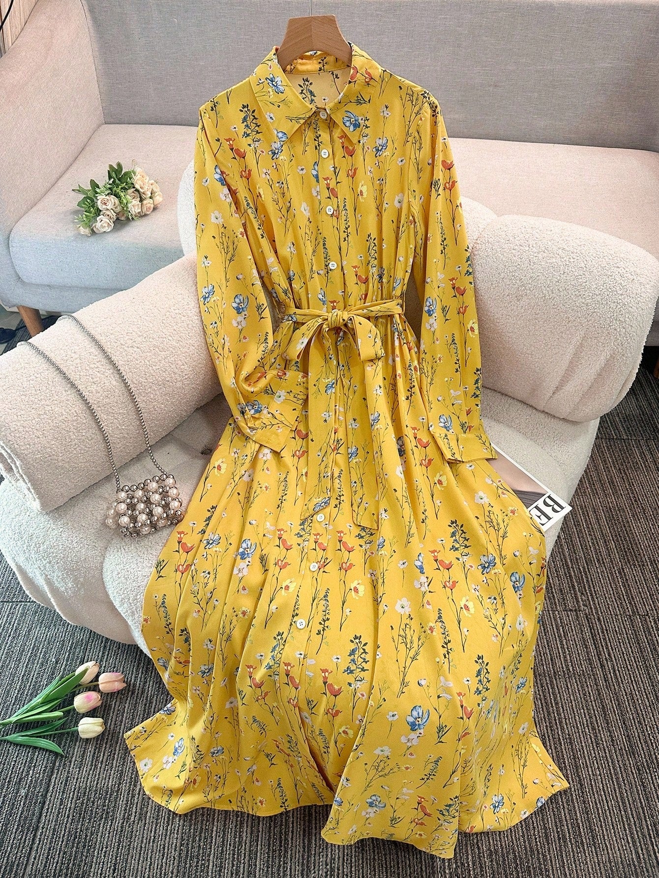 Franclia Women's Casual Collar Neck Simple Blue Floral Print Dress Maxi Women Outfit