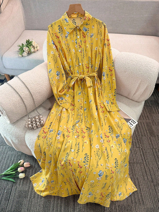 Franclia Women's Casual Collar Neck Simple Blue Floral Print Dress Maxi Women Outfit