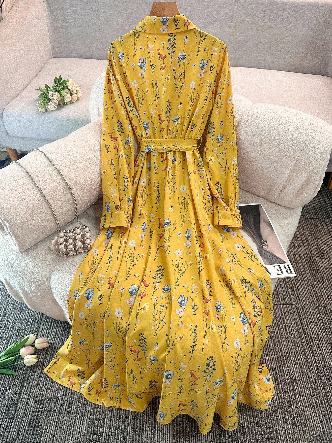 Franclia Women's Casual Collar Neck Simple Blue Floral Print Dress Maxi Women Outfit