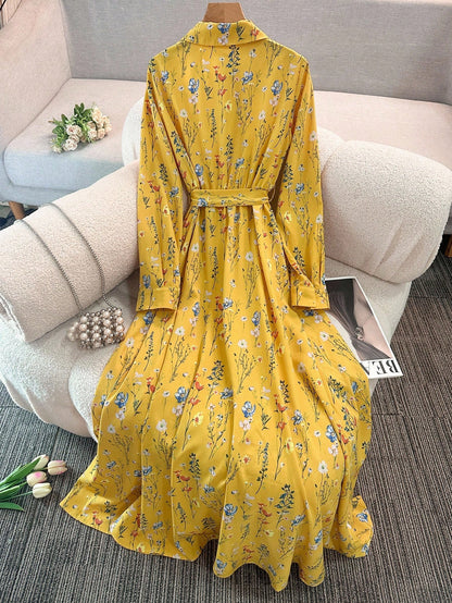 Franclia Women's Casual Collar Neck Simple Blue Floral Print Dress Maxi Women Outfit