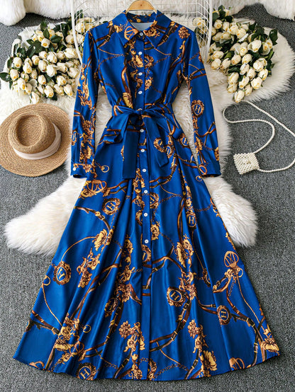 Franclia Women's Casual Collar Neck Simple Blue Floral Print Dress Maxi Women Outfit