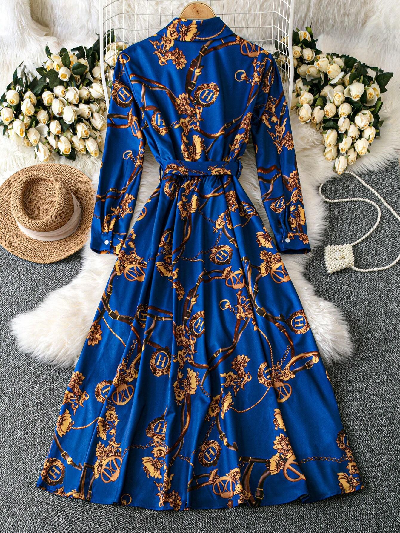 Franclia Women's Casual Collar Neck Simple Blue Floral Print Dress Maxi Women Outfit