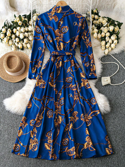 Franclia Women's Casual Collar Neck Simple Blue Floral Print Dress Maxi Women Outfit