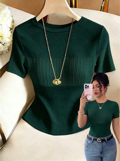 Franclia Women's Contrast Color Elegant Round Neck Short Sleeve Casual Knit T-Shirt, Women's Outing Top, Commute, Women's Office Wear, Casual Top, Elegant Top, Summer Top