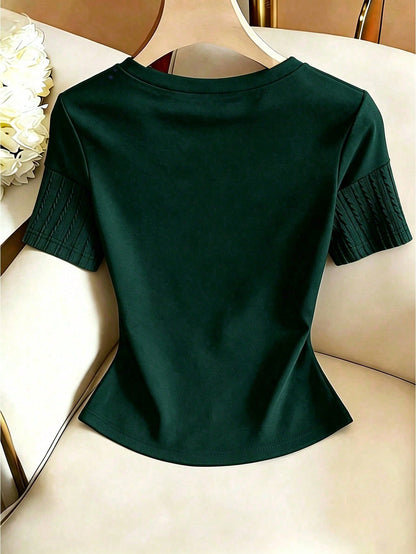 Franclia Women's Contrast Color Elegant Round Neck Short Sleeve Casual Knit T-Shirt, Women's Outing Top, Commute, Women's Office Wear, Casual Top, Elegant Top, Summer Top