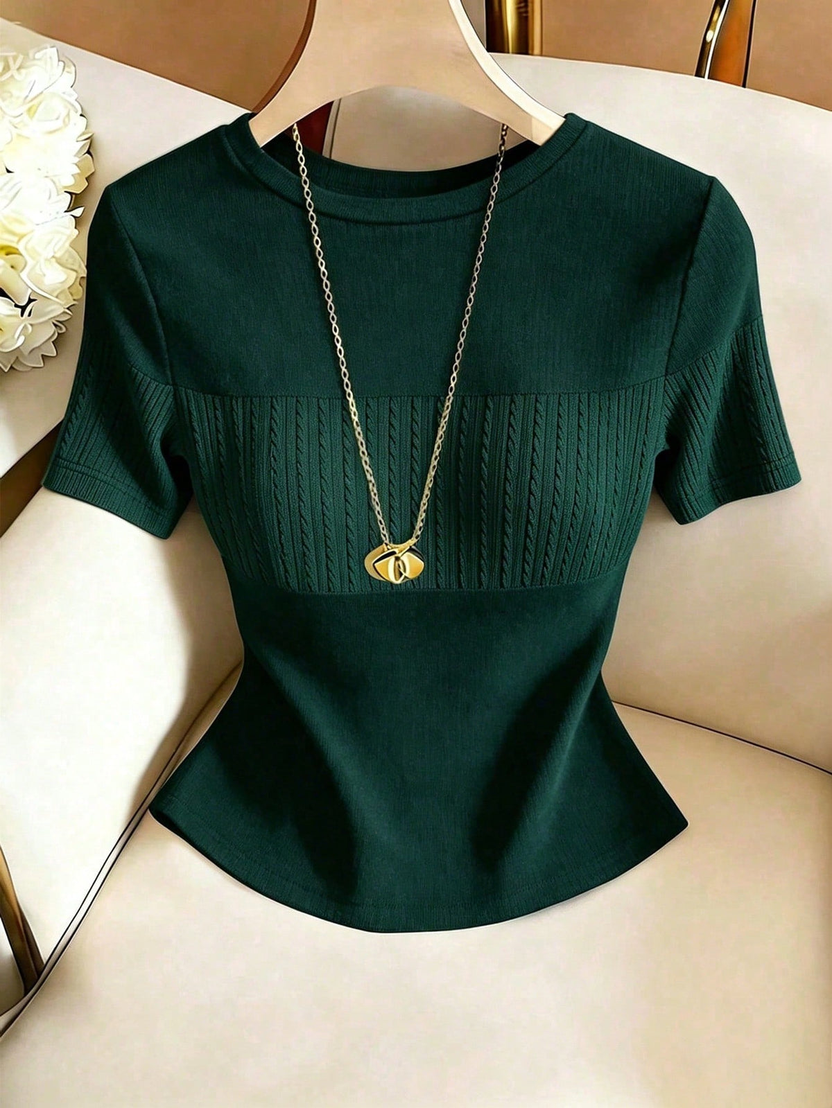 Franclia Women's Contrast Color Elegant Round Neck Short Sleeve Casual Knit T-Shirt, Women's Outing Top, Commute, Women's Office Wear, Casual Top, Elegant Top, Summer Top