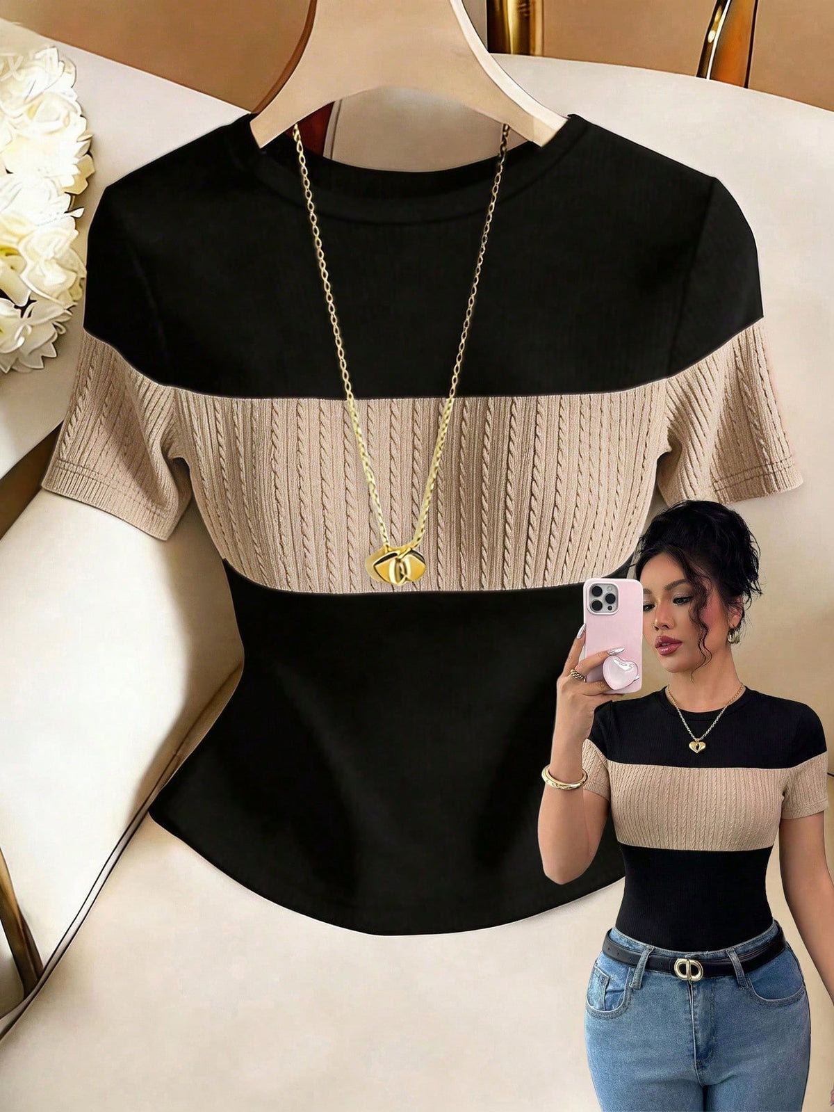 Franclia Women's Contrast Color Elegant Round Neck Short Sleeve Casual Knit T-Shirt, Women's Outing Top, Commute, Women's Office Wear, Casual Top, Elegant Top, Summer Top